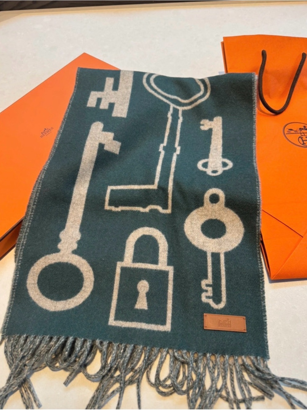 Hermes Key Motif Wool Scarf in Teal and Cream